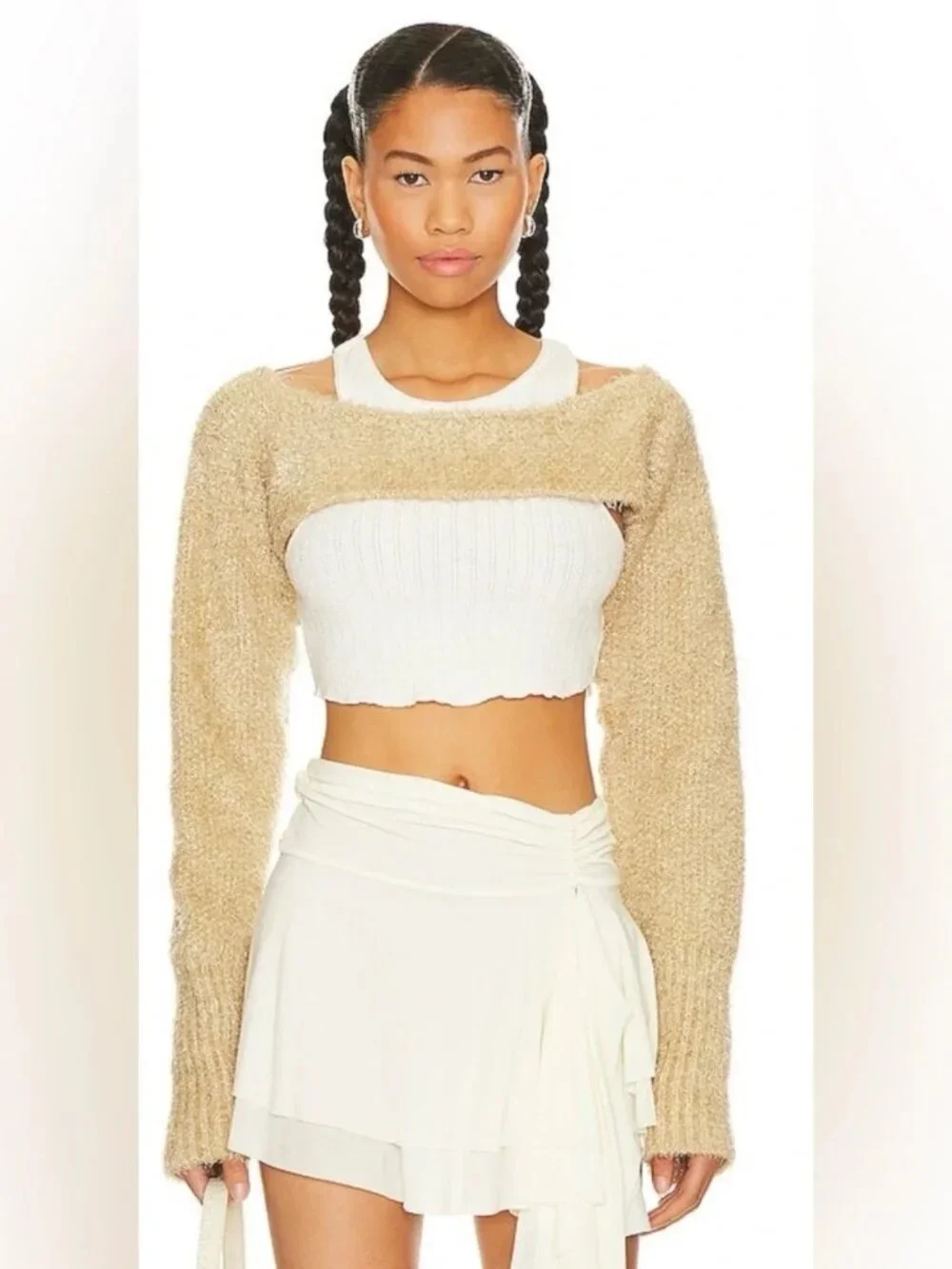 Free People Shimmer Stretch Knit Sweater Bolero in Golden Combo Size Large NWT